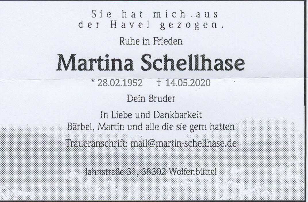Traueranzeige Martina Schellhase